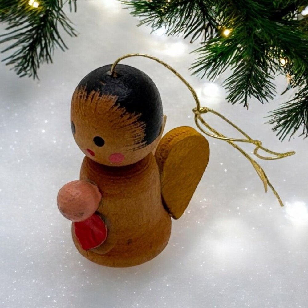 Vintage Wooden Angel Mini Christmas Ornament Hand Painted